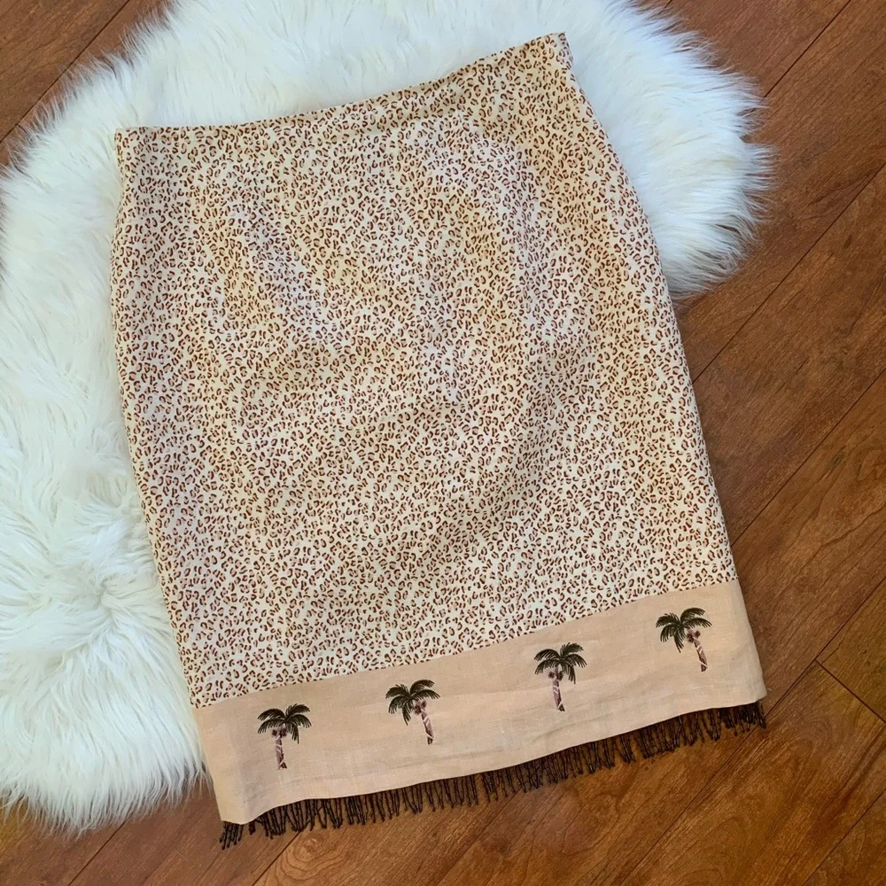 Silk Club Linen Leopard Pencil Skirt with Palm Tree Border and Beaded Hem